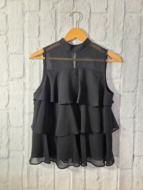 Apt. 9 Small Black High Neck Layered Ruffle Sleeveless Semi Sheer Keyhole Blouse